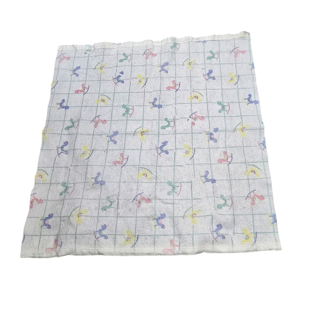 Vintage Rocking Horse Baby Blanket Pastel Grid Cottagecore Made in USA RN 62027